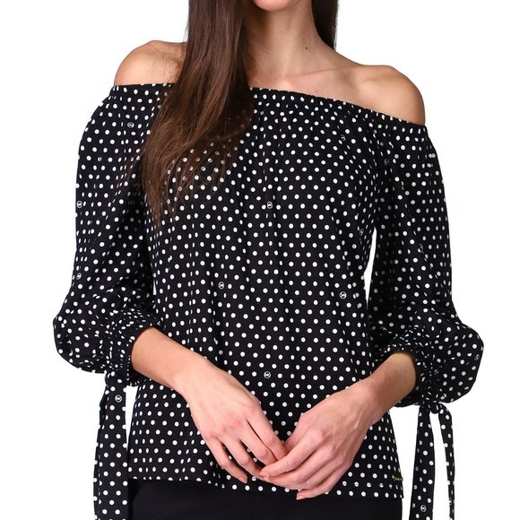 NWT Michael Kors Off-The-Shoulder Polka Dot Peasant Top - Picture 1 of 2